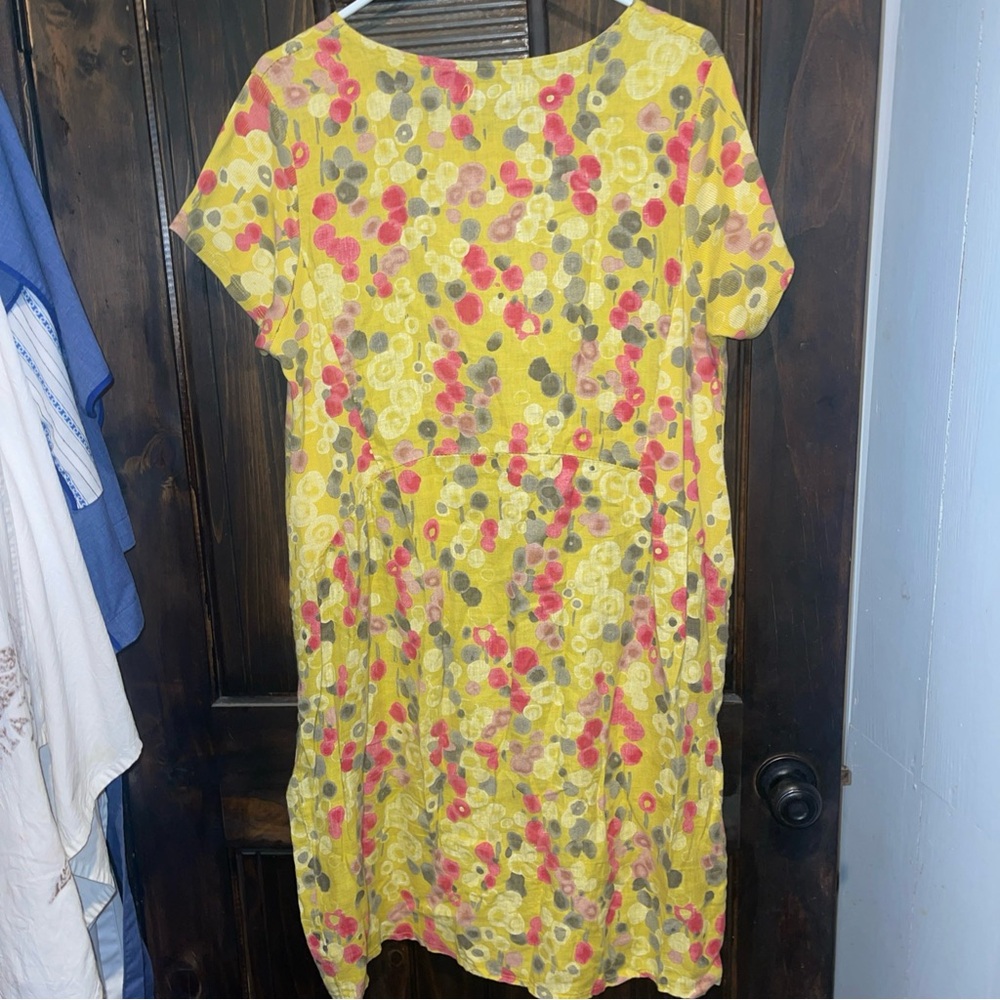 Floral Yellow and Pink Women's dress linen, cotton sleeves with pockets